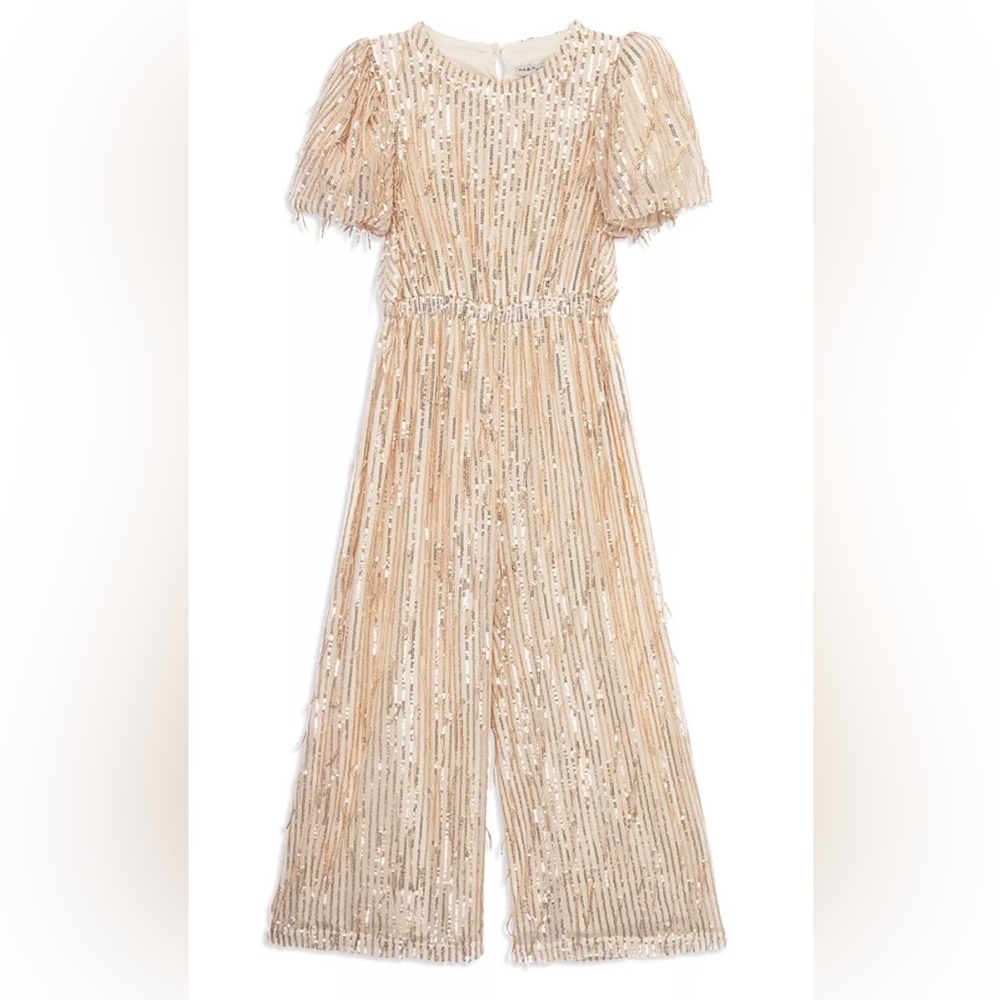 Habitual Kids puff sleeve fringe and sequin jumpsuit sz 16